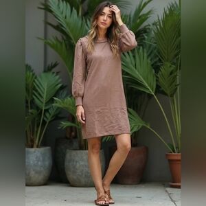 Lovesoft Light French Beige Braided Trim Puff Sleeve Dress Sz Med